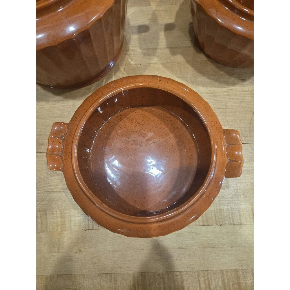 Vintage NS Gustin Los Angeles Pottery Speckled Brown Casserole Tureen Set 3Pc